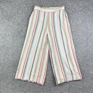 Cloth Stone Pants Womens M Striped Wide Leg Linen Blend Raw Hem Pockets NO BELT*